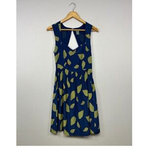 Anthropology Maple Womens 6 Blue Silk Leaf Print Cutout Back Pockets Flare Dress